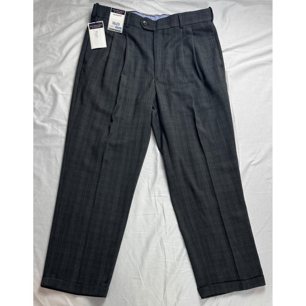 Roundtree & Yorke Mens 36x29 Charcoal Gray Check Plaid Pleated Dress Pants - Picture 7 of 16